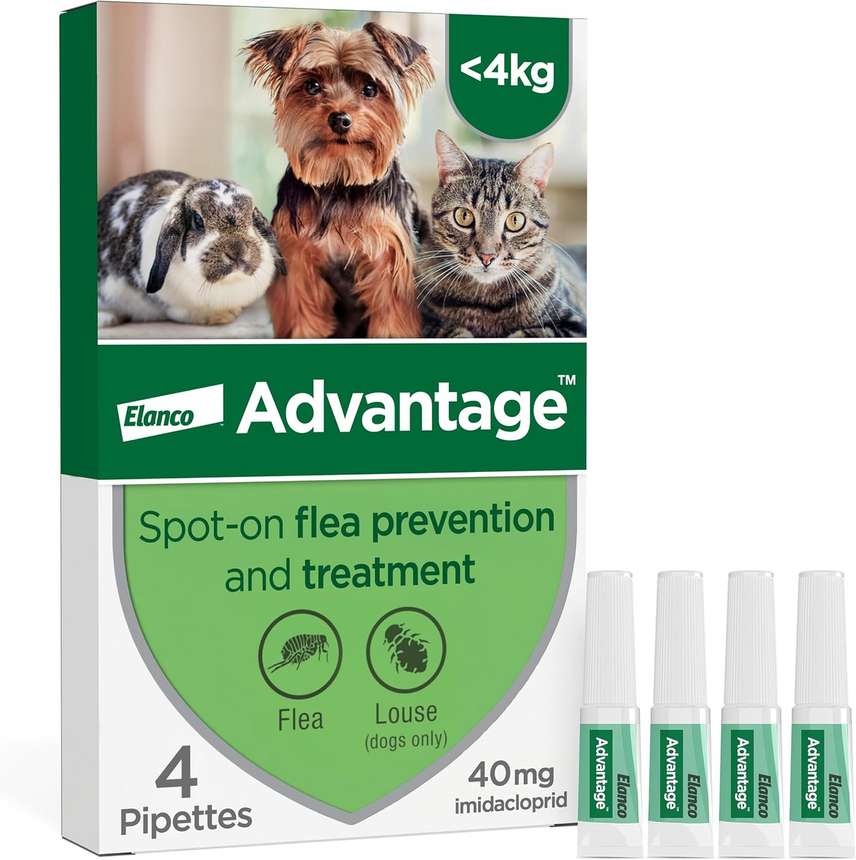 Advantage Spot On Flea Treatment for cats, dogs and rabbits under 4kg 40mg 4 pipettes front pack