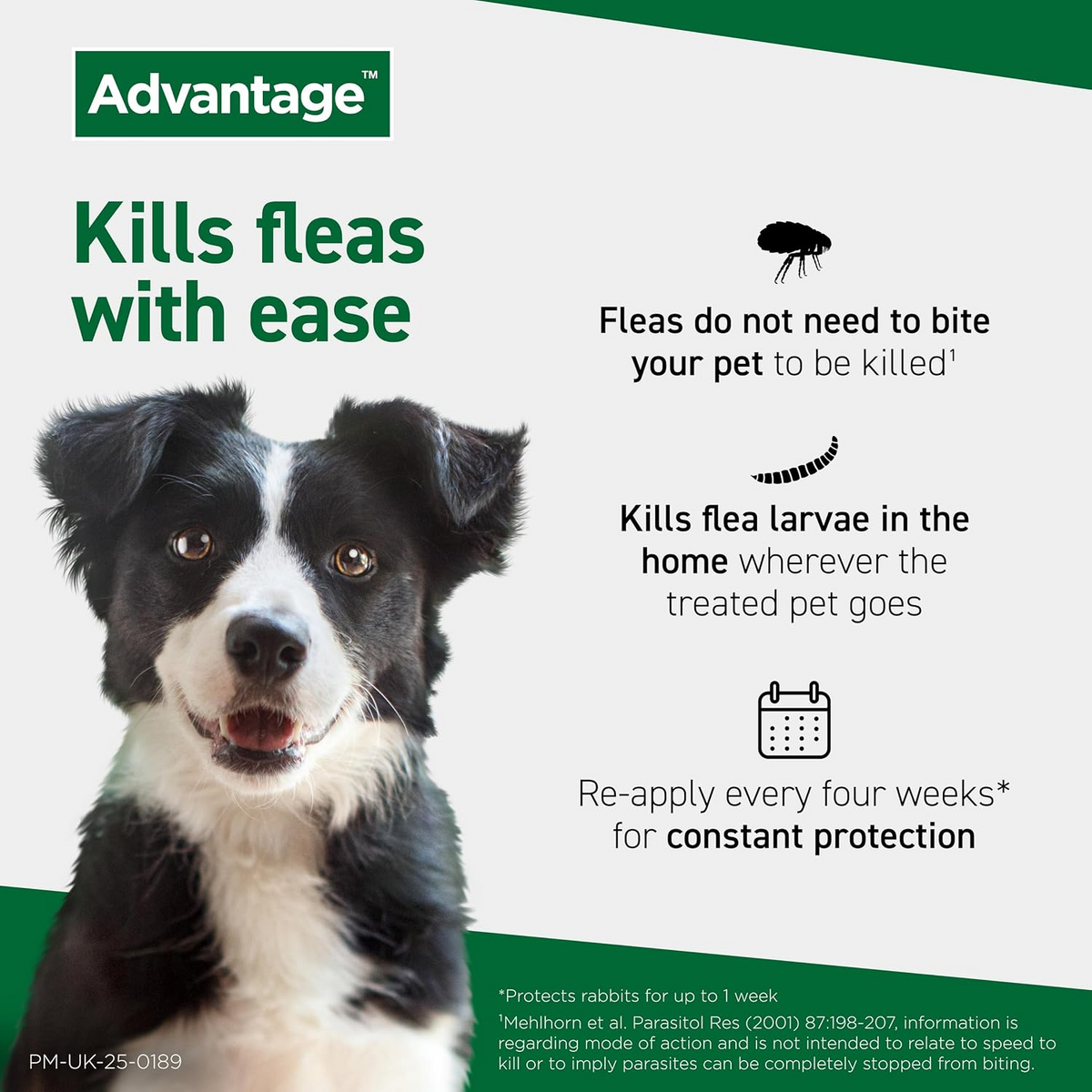 Advantage Spot On kills fleas with ease and re-apply every four weeks